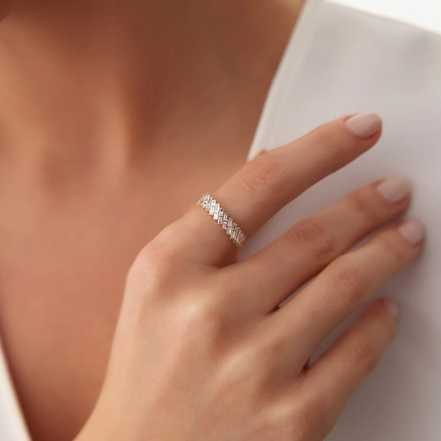 14k Double Row Diagonal Baguette Ring