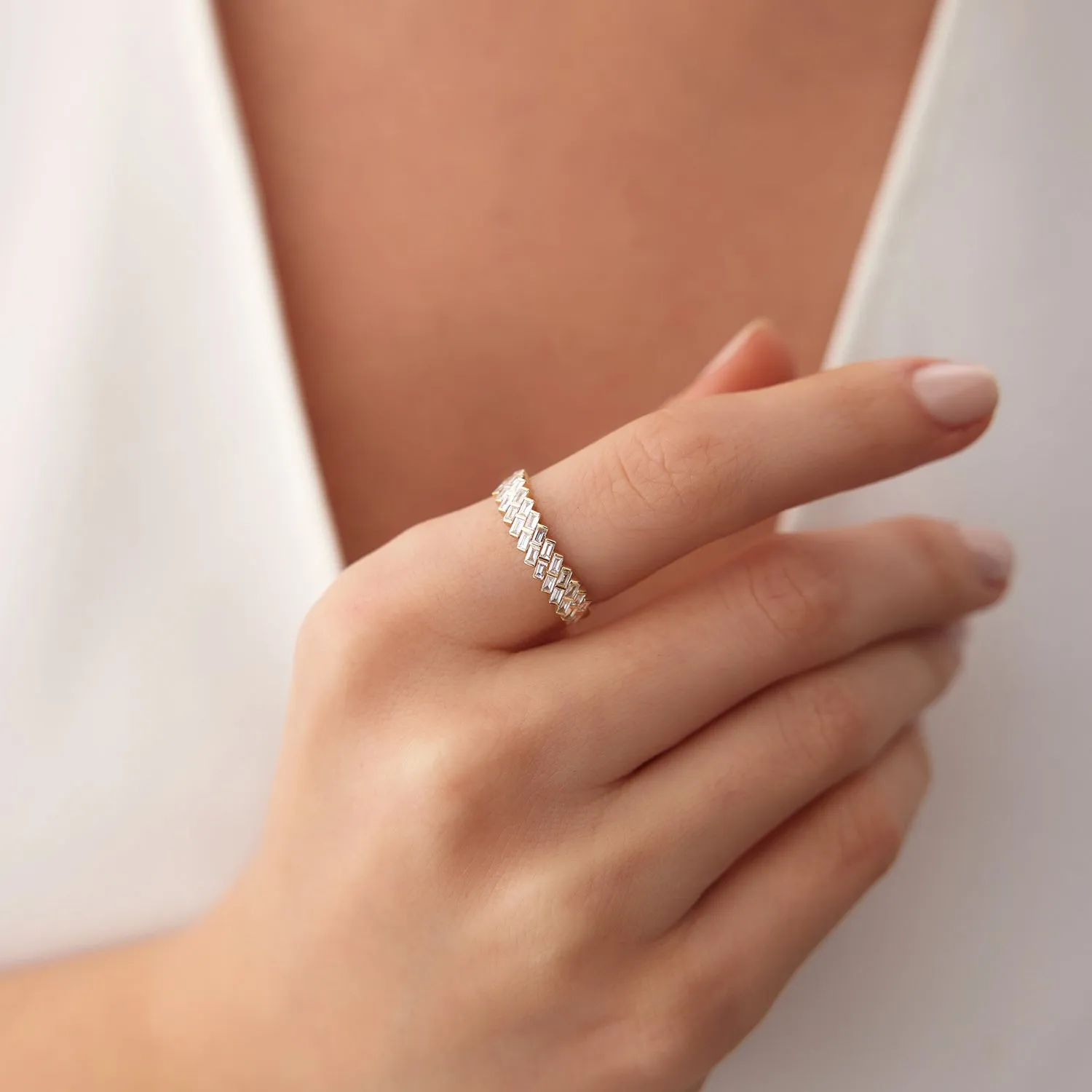 14k Double Row Diagonal Baguette Ring