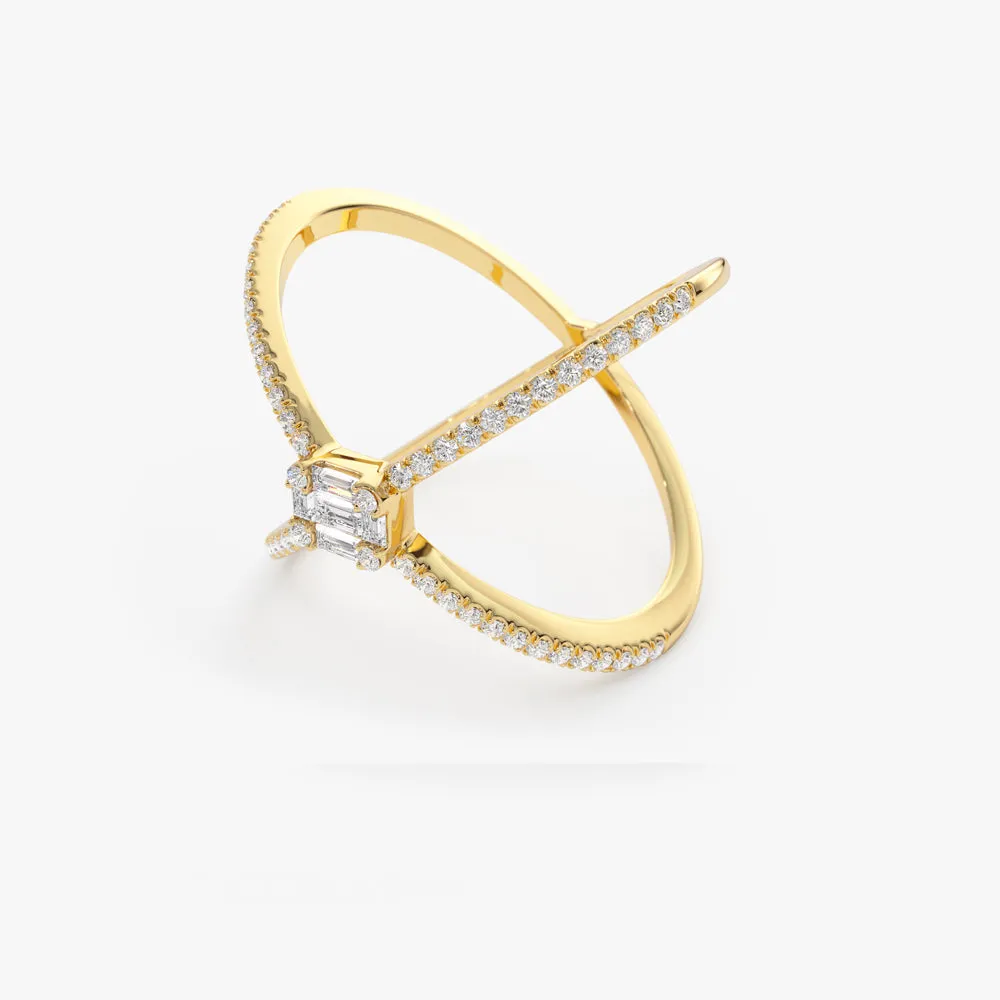 14k Gold Baguette and Round Diamond Illusion Setting Statement Ring