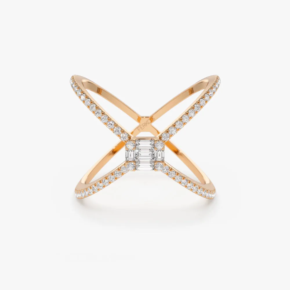 14k Gold Baguette and Round Diamond Illusion Setting Statement Ring