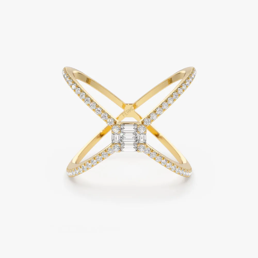 14k Gold Baguette and Round Diamond Illusion Setting Statement Ring