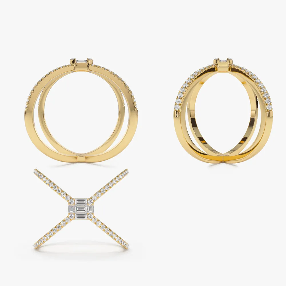 14k Gold Baguette and Round Diamond Illusion Setting Statement Ring