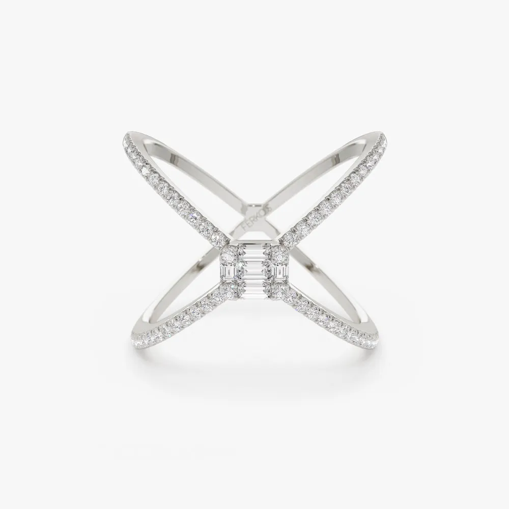 14k Gold Baguette and Round Diamond Illusion Setting Statement Ring