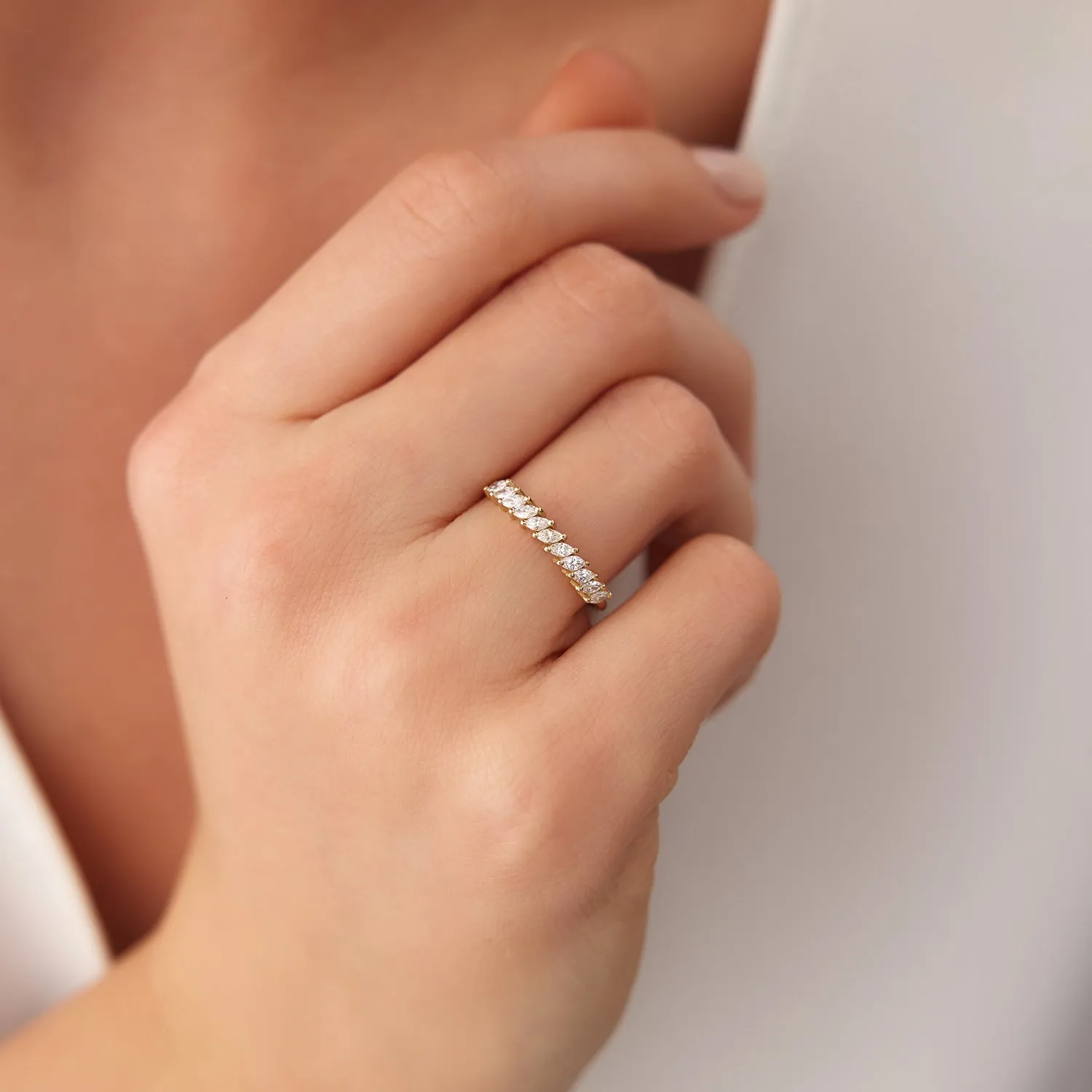 14K Gold Domino Marquise Wedding Band