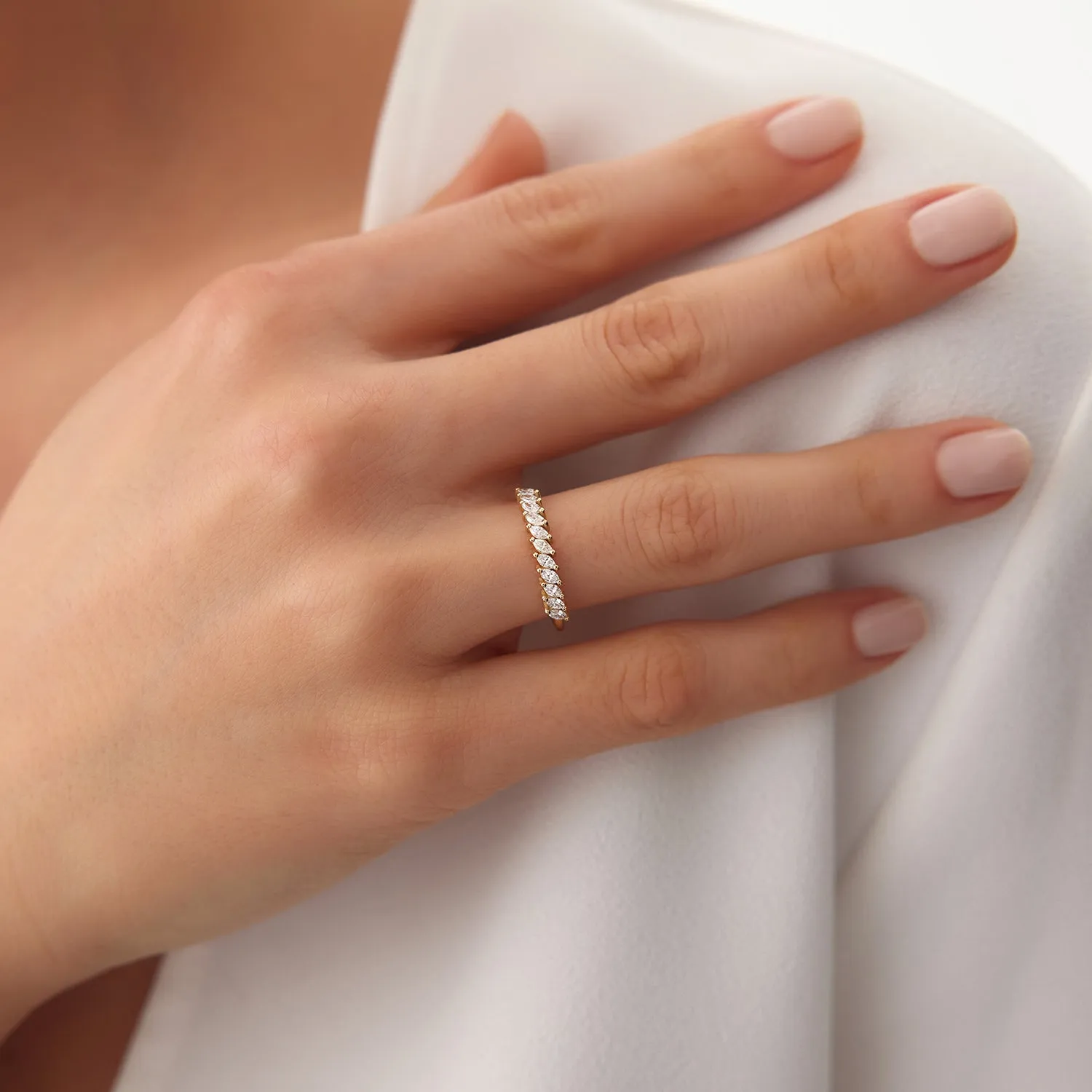 14K Gold Domino Marquise Wedding Band