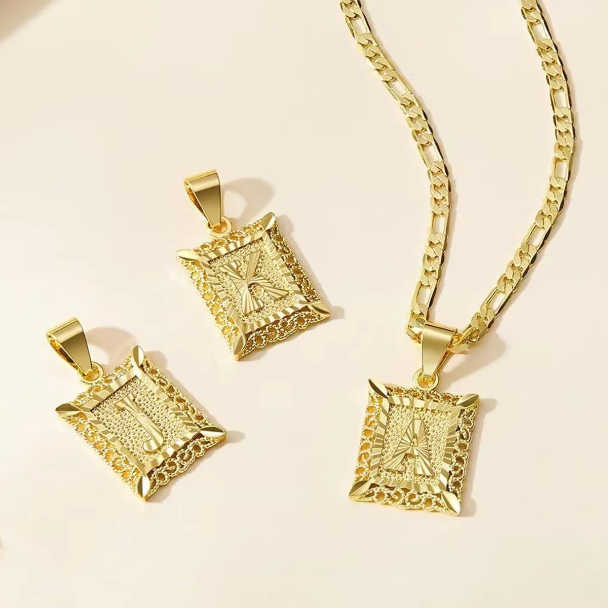 14k Gold Plated Stainless Steel Initial Letter Pendant Necklace for Men Womens,Square Capital Monogram Necklace Alhpabets from A-Z Figaro Chain Necklace