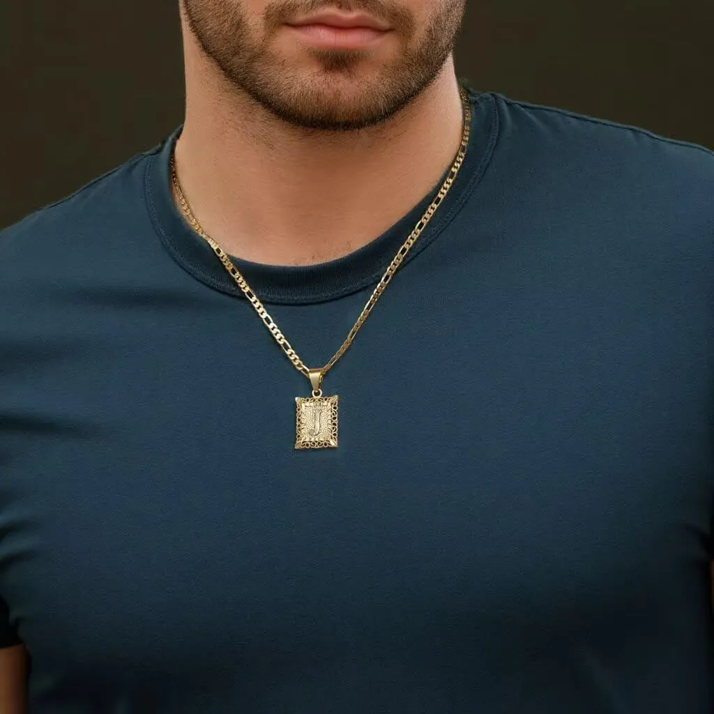14k Gold Plated Stainless Steel Initial Letter Pendant Necklace for Men Womens,Square Capital Monogram Necklace Alhpabets from A-Z Figaro Chain Necklace