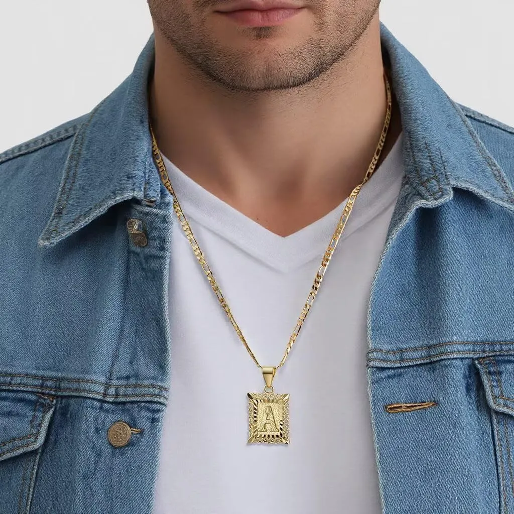 14k Gold Plated Stainless Steel Initial Letter Pendant Necklace for Men Womens,Square Capital Monogram Necklace Alhpabets from A-Z Figaro Chain Necklace