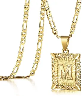 14k Gold Plated Stainless Steel Initial Letter Pendant Necklace for Men Womens,Square Capital Monogram Necklace Alhpabets from A-Z Figaro Chain Necklace