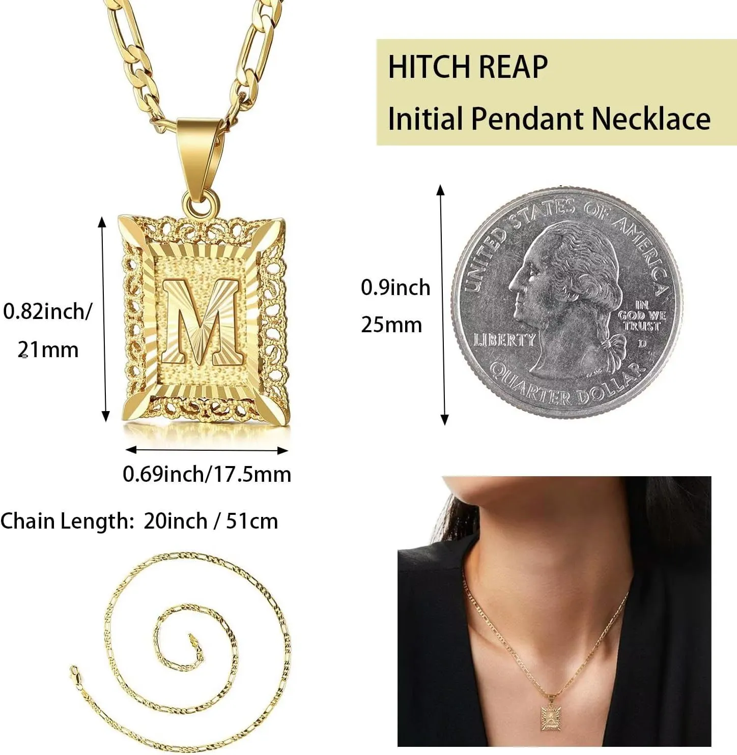 14k Gold Plated Stainless Steel Initial Letter Pendant Necklace for Men Womens,Square Capital Monogram Necklace Alhpabets from A-Z Figaro Chain Necklace