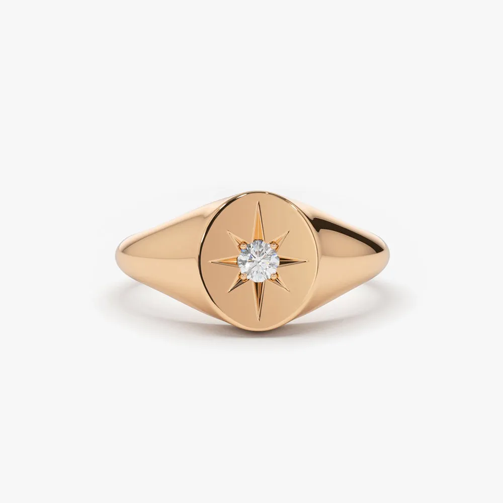14K Gold Starburst Diamond Signet Ring