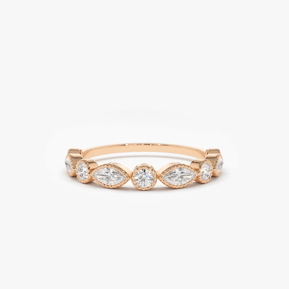 14K Marquise and Round Diamond Milgrain Bezel Setting Ring
