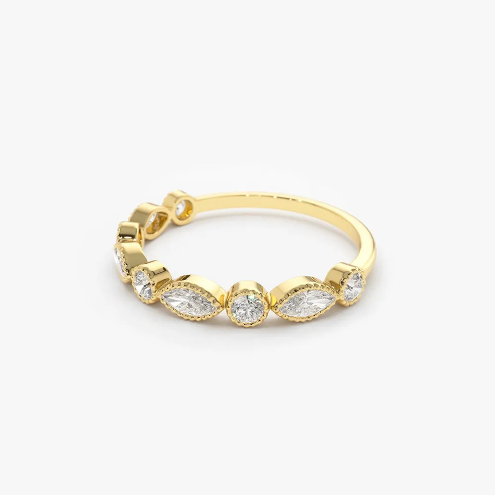 14K Marquise and Round Diamond Milgrain Bezel Setting Ring