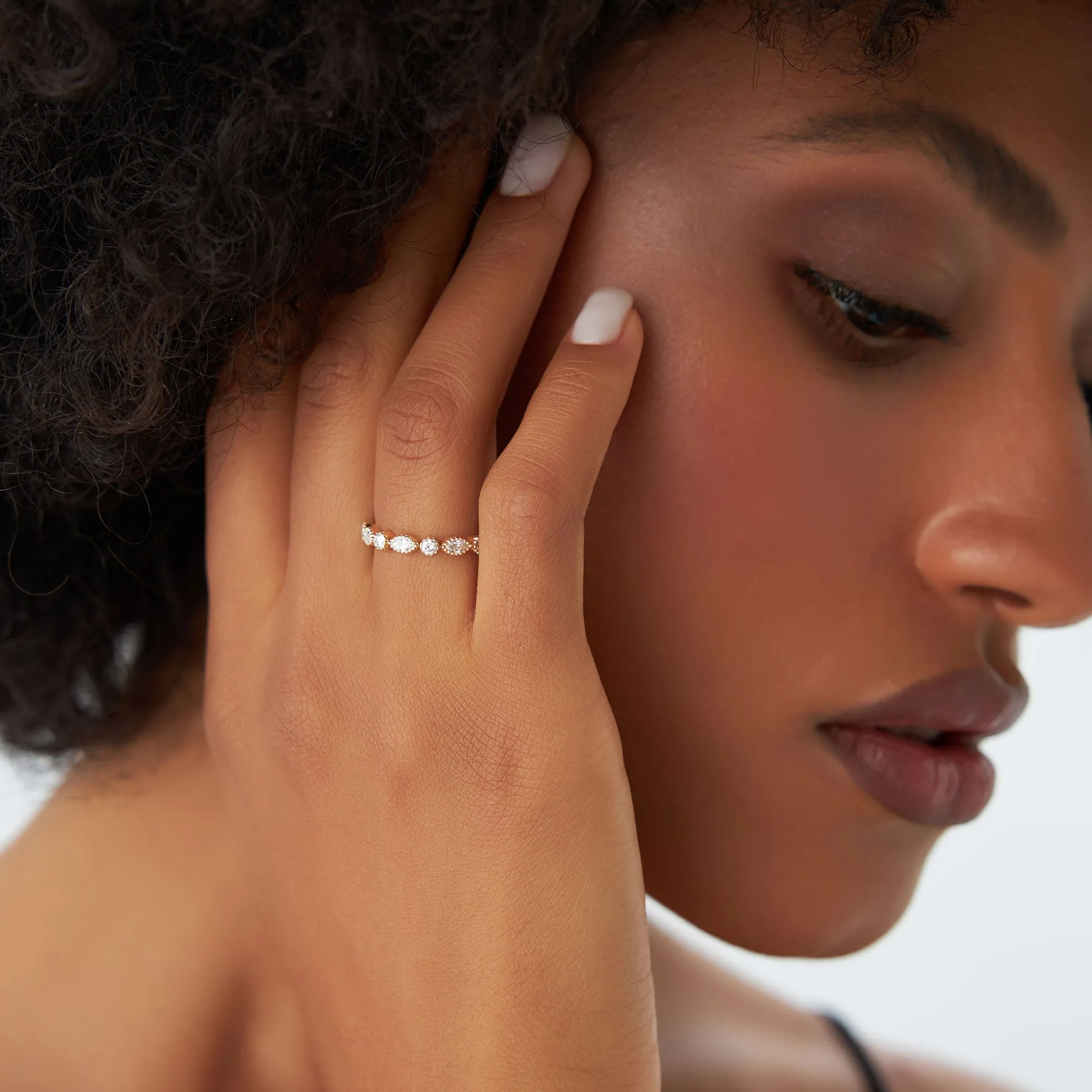14K Marquise and Round Diamond Milgrain Bezel Setting Ring