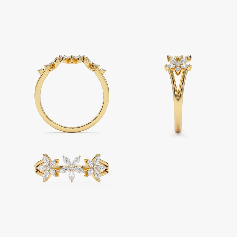14k Marquise Diamond Multi-Flower Ring