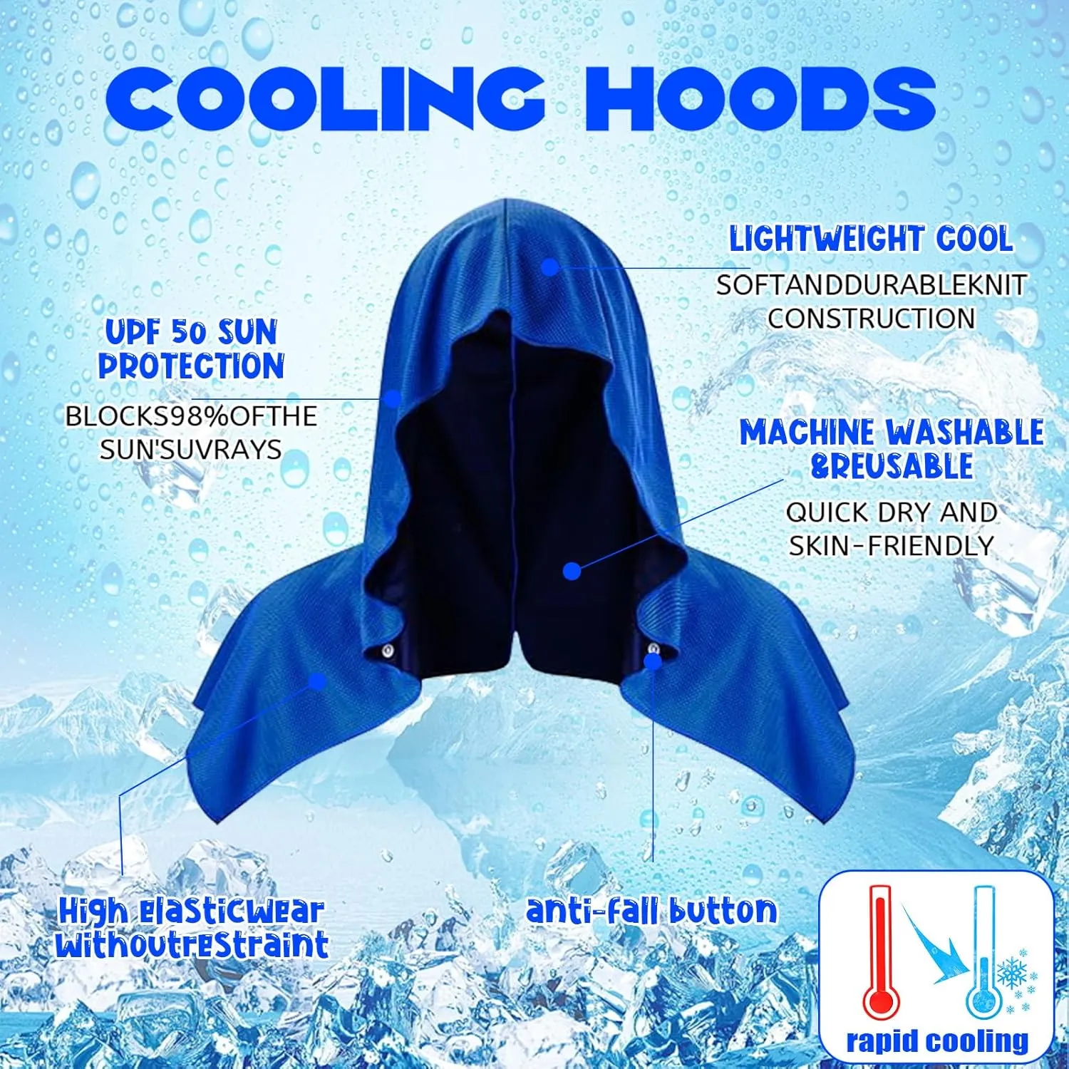 2 Pack Cooling Hoodie Towels Set, Cooling Towels for Neck and Face, Microfiber Soft Breathable Cooling Towel Bulk for Hot Weather, Gym, Sports, Yoga, Workout, Running, Golf, Camping, HikingBlue
