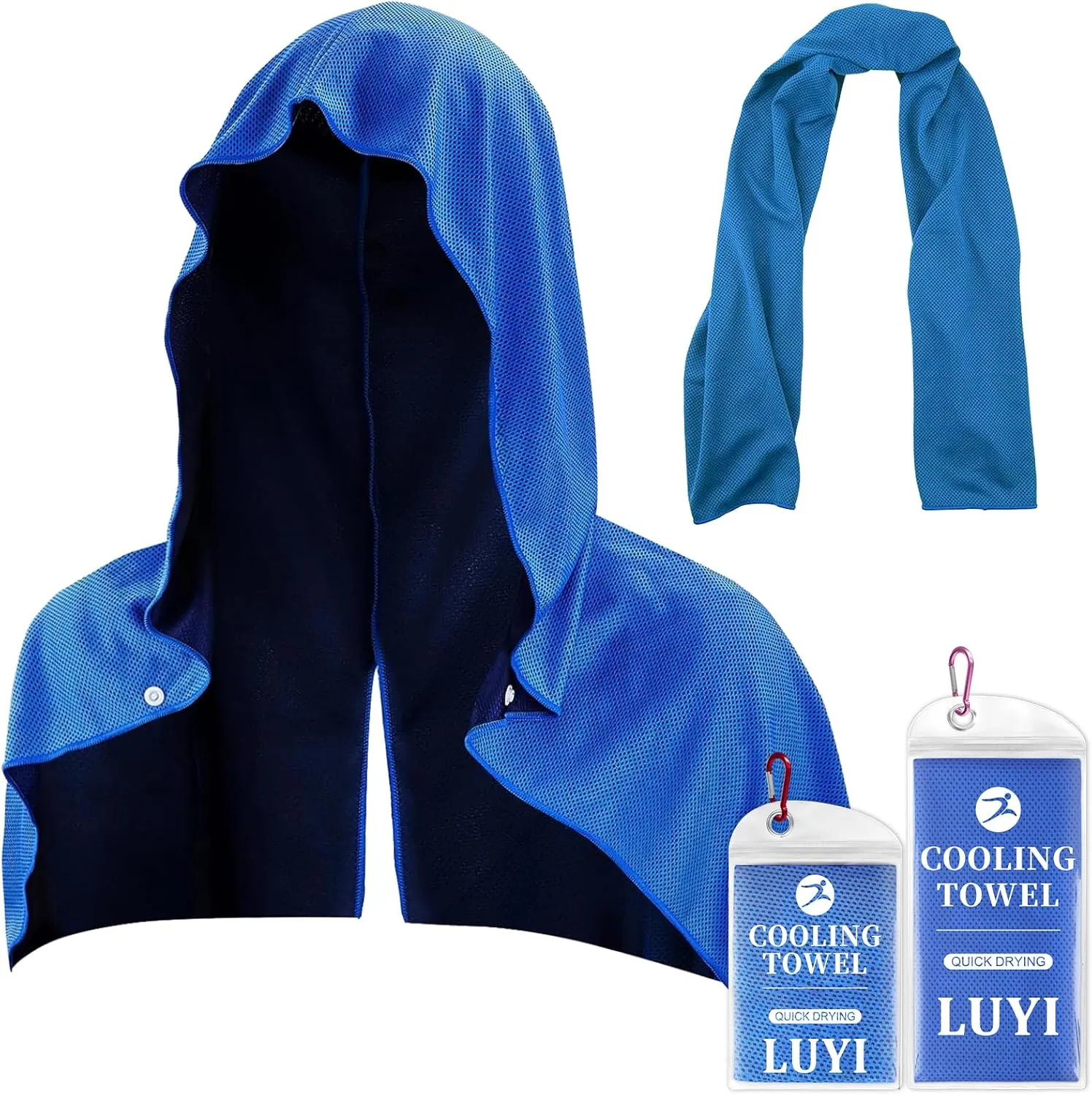 2 Pack Cooling Hoodie Towels Set, Cooling Towels for Neck and Face, Microfiber Soft Breathable Cooling Towel Bulk for Hot Weather, Gym, Sports, Yoga, Workout, Running, Golf, Camping, HikingBlue