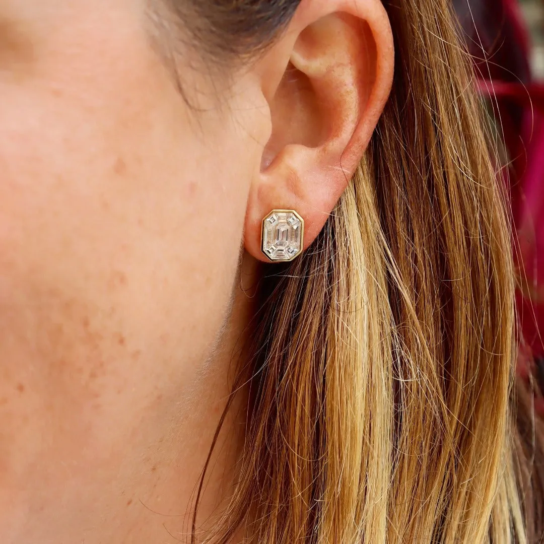 2ct Diamond Emerald-Cut Illusion 14K Yellow Gold Earrings