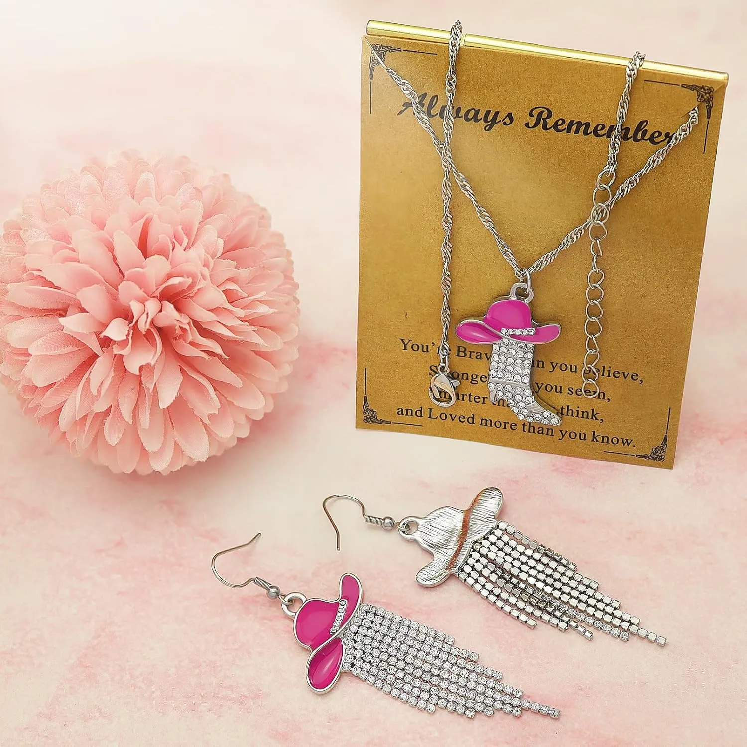 2pcs Western Earrings Necklace Jewelry Set,Sparkly Rhinestone Tassels Cowgirl Earrings Crystal Boots with Enamel Cowboy Hat Pendant Necklac for Women,Wild West Country Rustic Style
