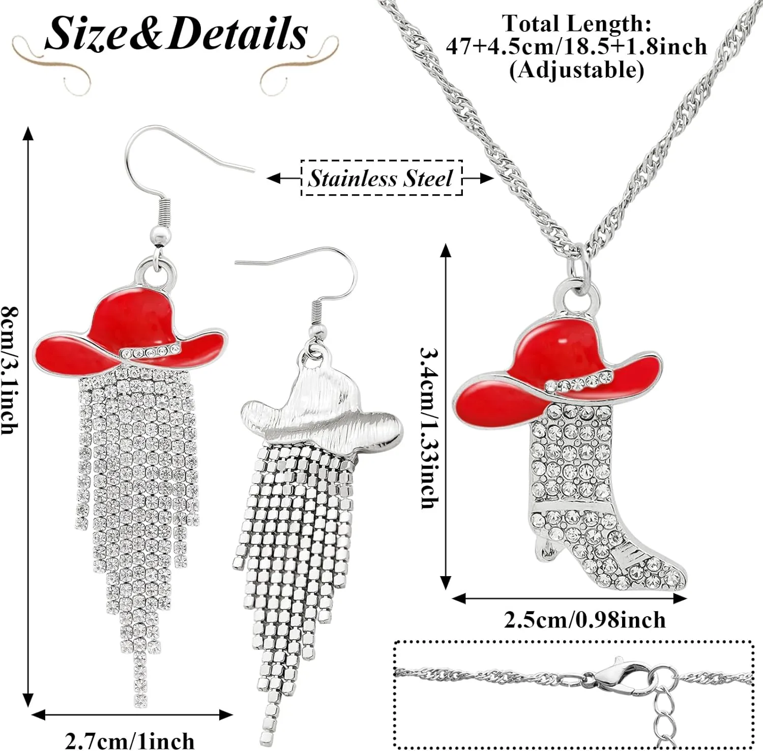 2pcs Western Earrings Necklace Jewelry Set,Sparkly Rhinestone Tassels Cowgirl Earrings Crystal Boots with Enamel Cowboy Hat Pendant Necklac for Women,Wild West Country Rustic Style