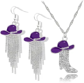 2pcs Western Earrings Necklace Jewelry Set,Sparkly Rhinestone Tassels Cowgirl Earrings Crystal Boots with Enamel Cowboy Hat Pendant Necklac for Women,Wild West Country Rustic Style