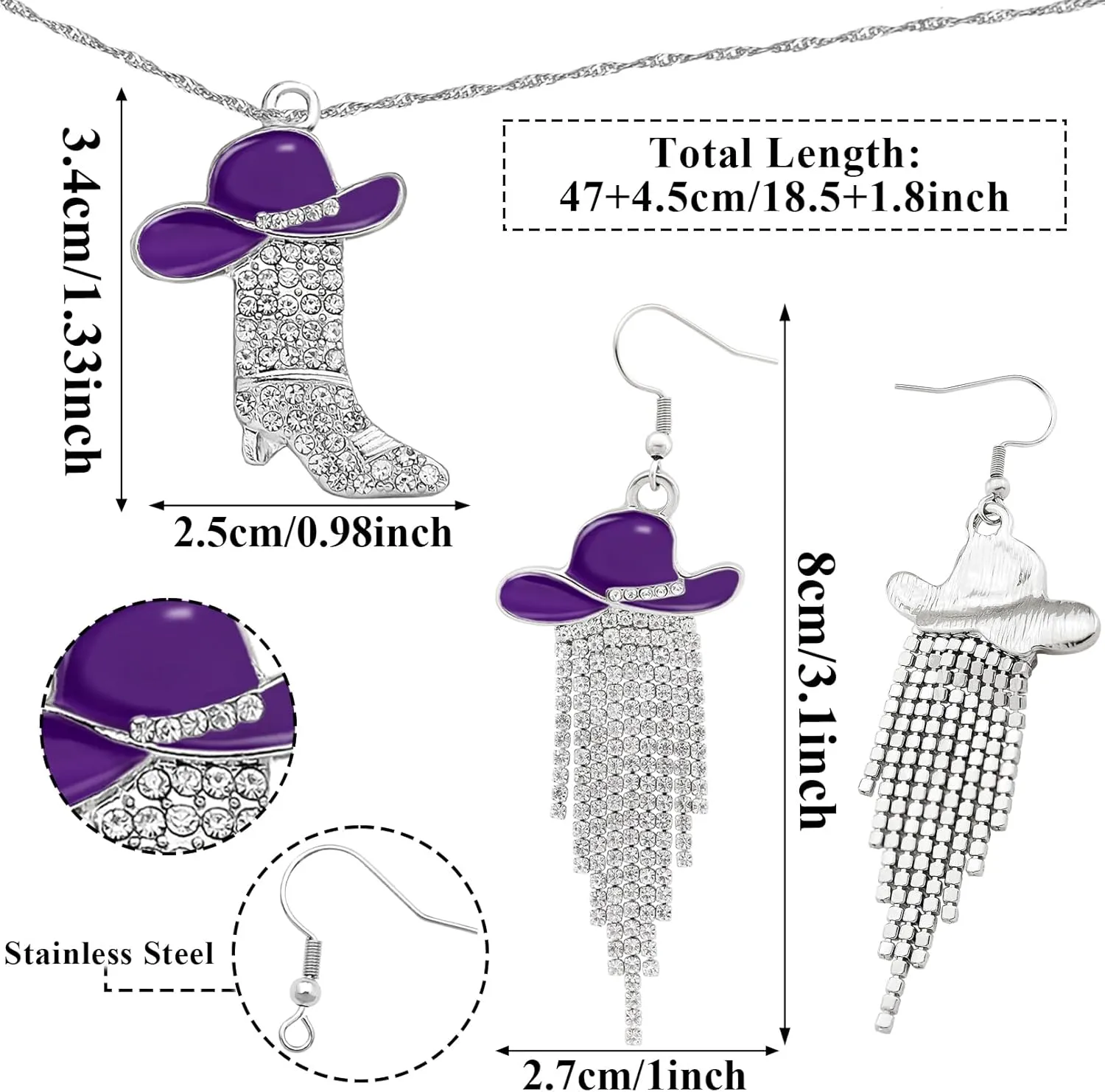 2pcs Western Earrings Necklace Jewelry Set,Sparkly Rhinestone Tassels Cowgirl Earrings Crystal Boots with Enamel Cowboy Hat Pendant Necklac for Women,Wild West Country Rustic Style