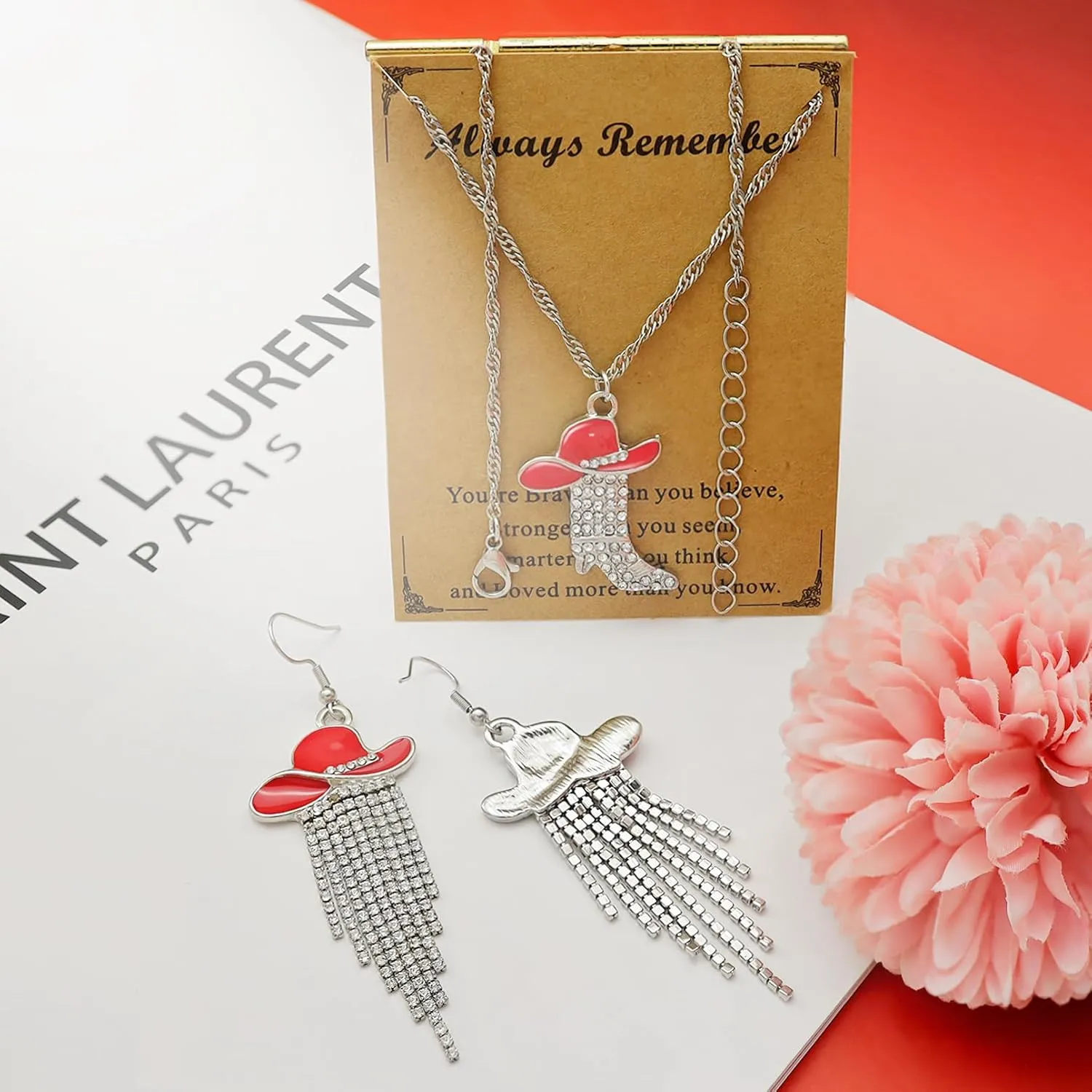 2pcs Western Earrings Necklace Jewelry Set,Sparkly Rhinestone Tassels Cowgirl Earrings Crystal Boots with Enamel Cowboy Hat Pendant Necklac for Women,Wild West Country Rustic Style