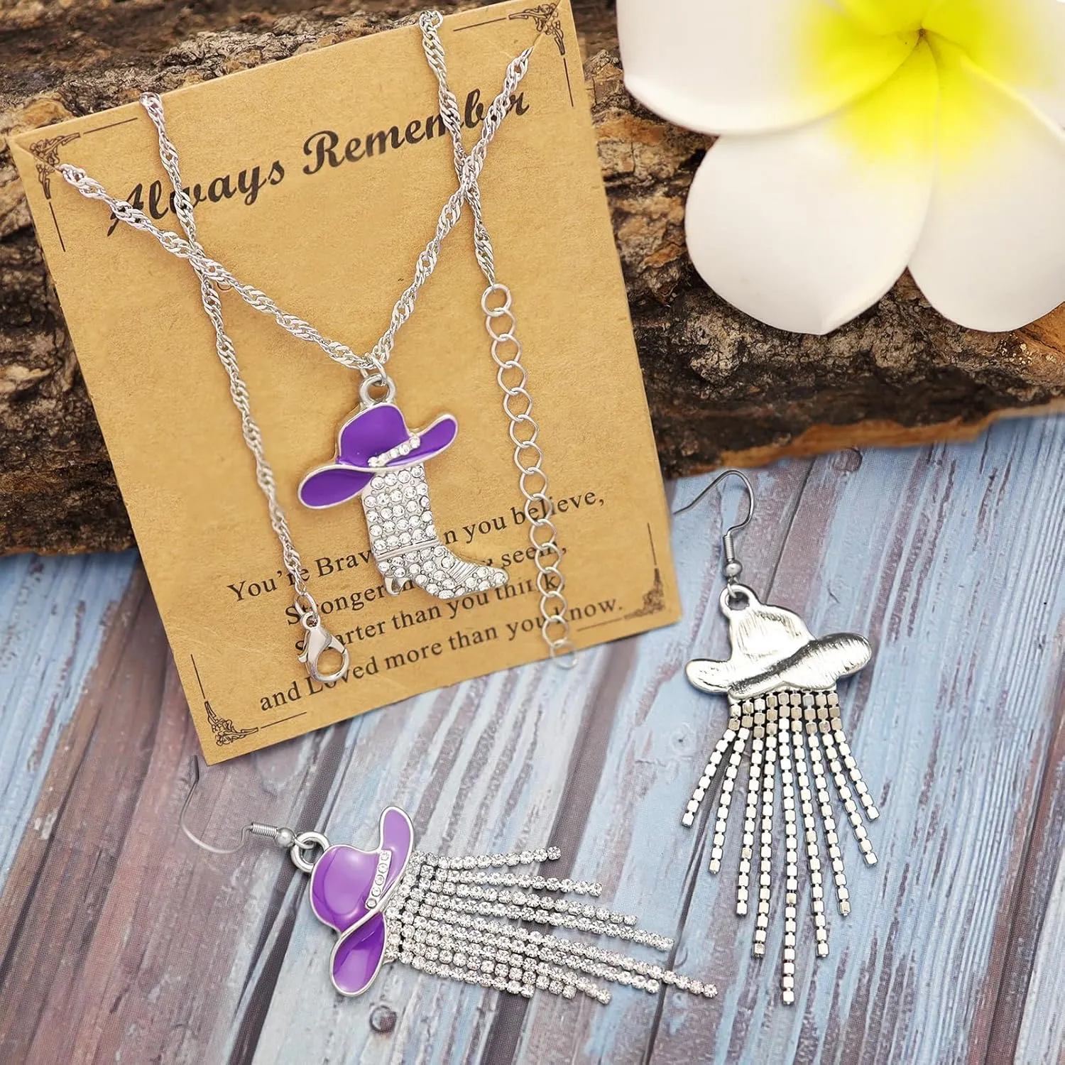 2pcs Western Earrings Necklace Jewelry Set,Sparkly Rhinestone Tassels Cowgirl Earrings Crystal Boots with Enamel Cowboy Hat Pendant Necklac for Women,Wild West Country Rustic Style