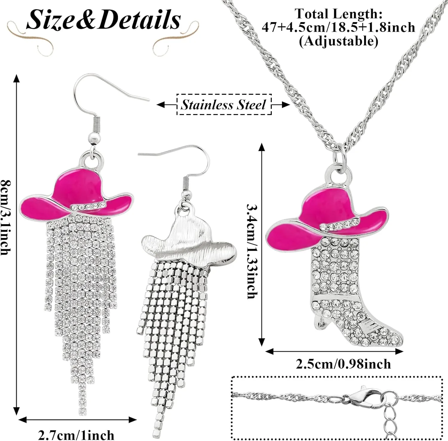 2pcs Western Earrings Necklace Jewelry Set,Sparkly Rhinestone Tassels Cowgirl Earrings Crystal Boots with Enamel Cowboy Hat Pendant Necklac for Women,Wild West Country Rustic Style