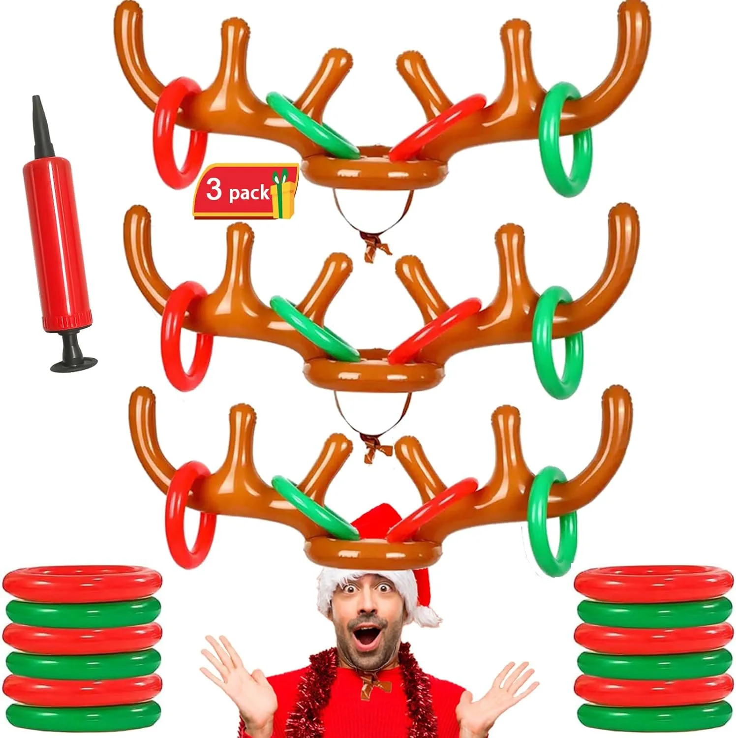 3 Set Inflatable Reindeer Antler Ring Toss Game,Inflatable Reindeer Antler Hat,Christmas Party Ring Toss Games Favors Supplies