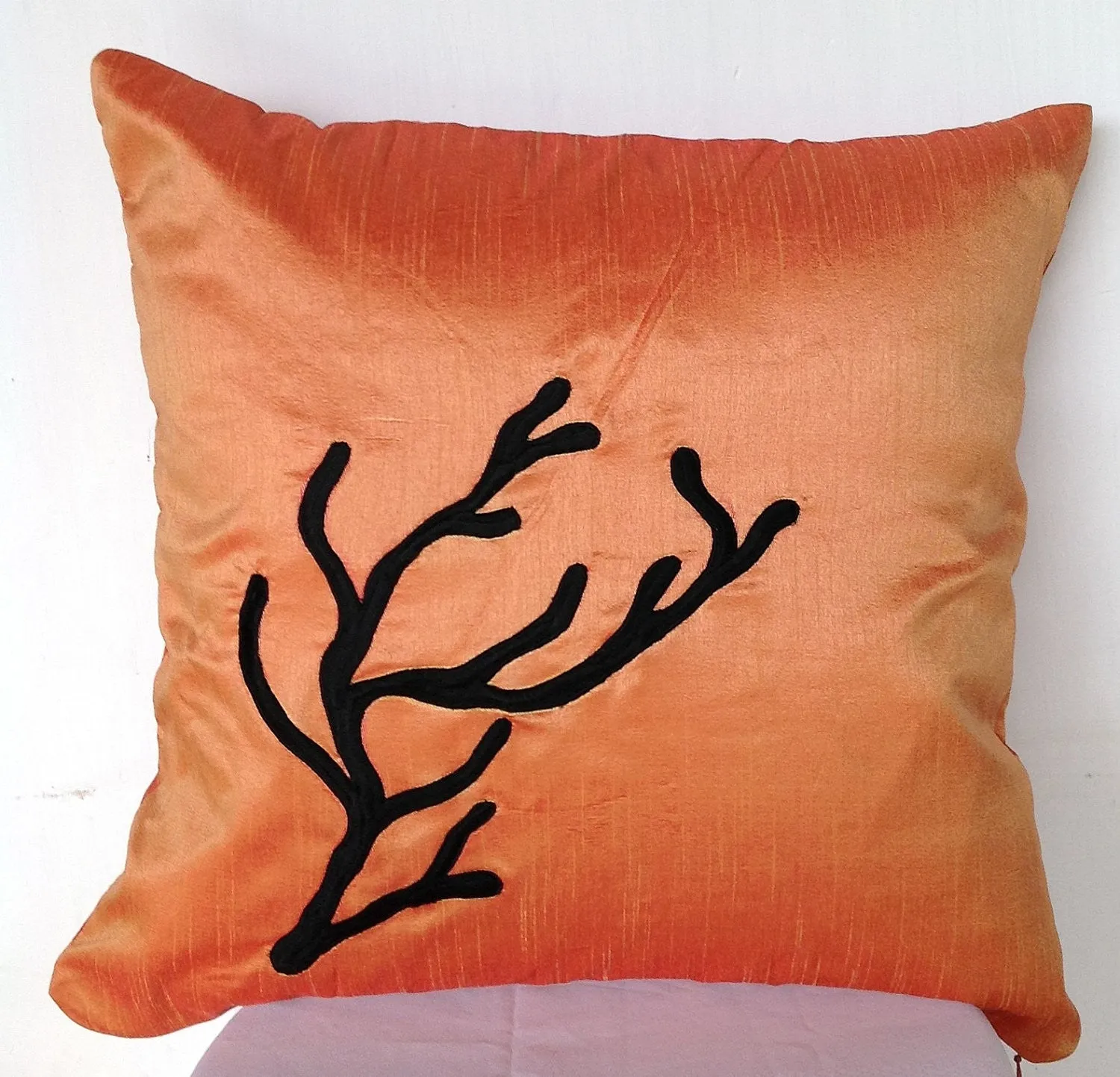 50% OFF Sale Free Shipping Embroidered Coral Decorative Pillow cover 18"X18" Black coral on Orange Pure Silk Material Decorative P
