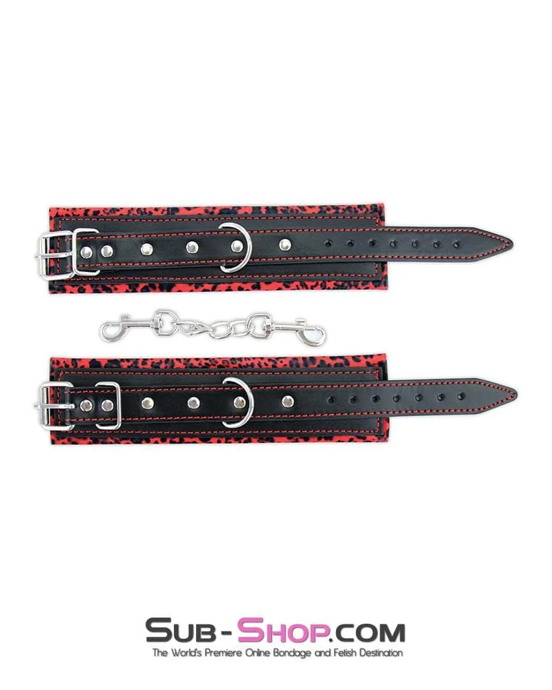 8799MQ      Red Leopard Padded Ankle Bondage Cuffs with Chain Connection - LAST CHANCE - Final Closeout!