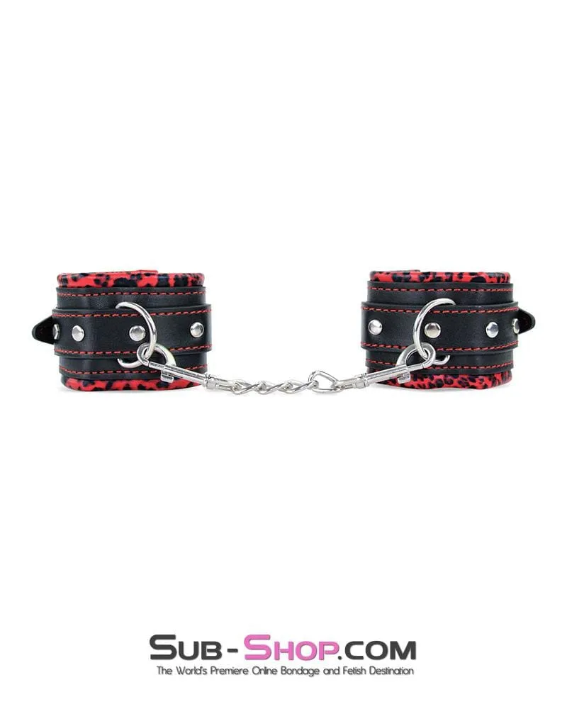 8799MQ      Red Leopard Padded Ankle Bondage Cuffs with Chain Connection - LAST CHANCE - Final Closeout!