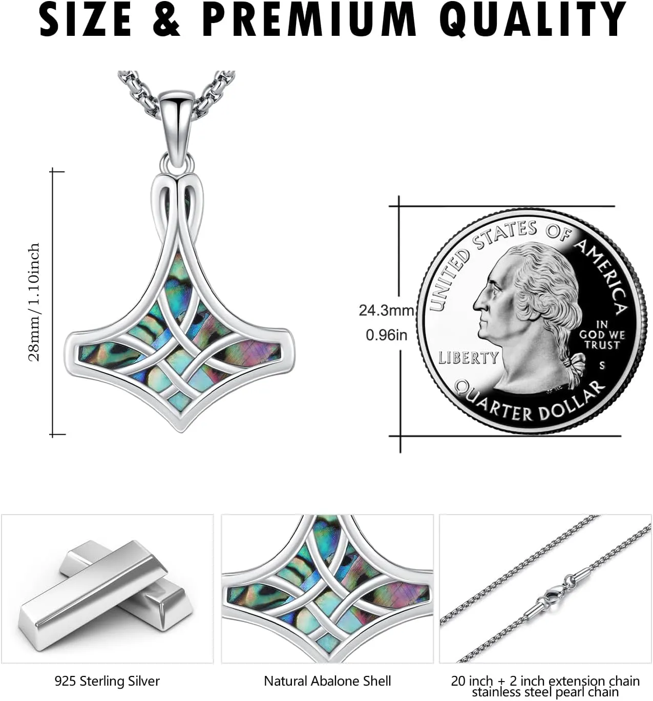 925 Sterling Silver Thor Hammer Pendant Mjolnir Necklace Norse Viking Jewelry with Stainless Steel Chain