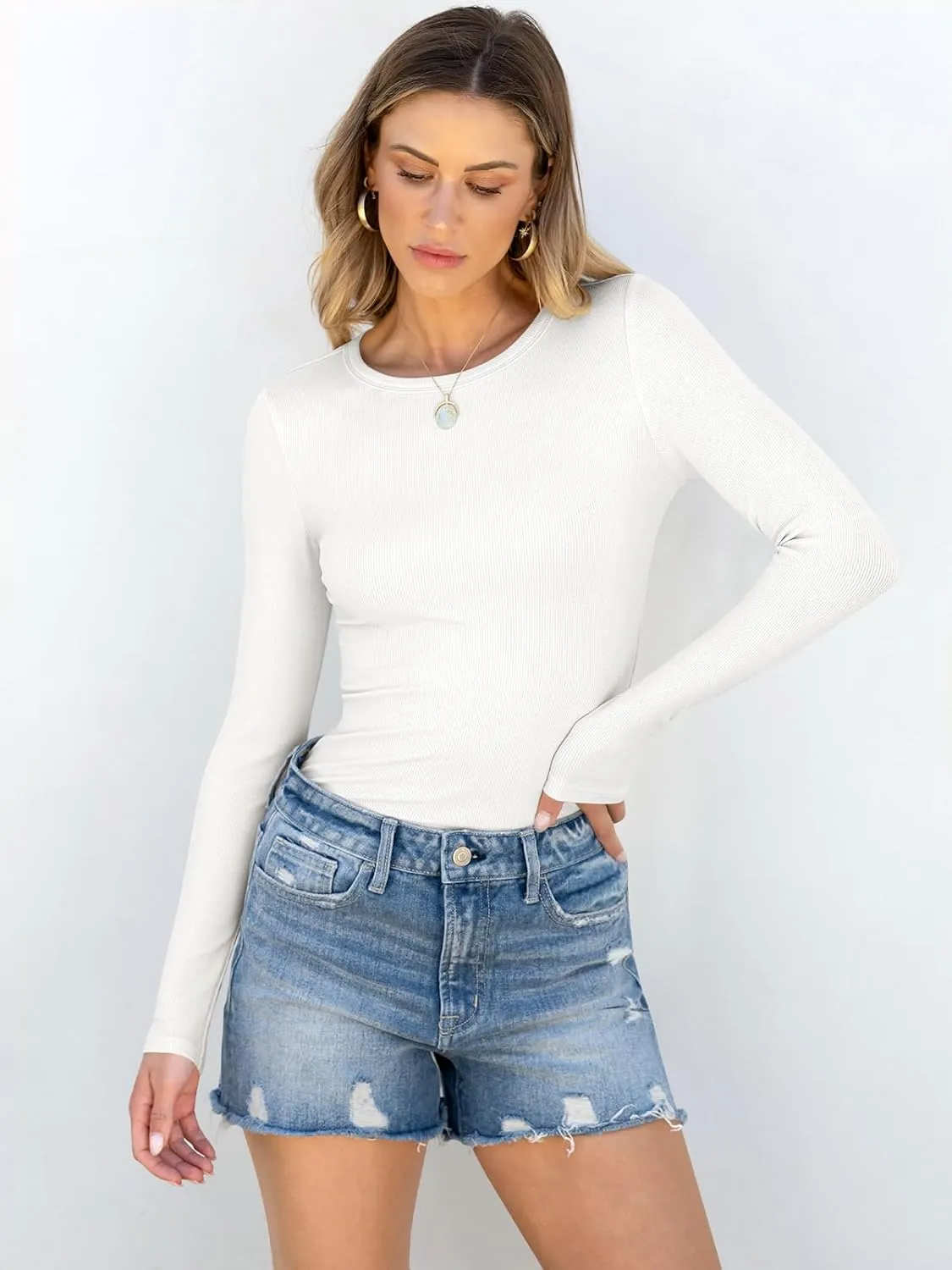 ANRABESS Women Long Sleeve Crewneck Rib Knit Slim Fit Shirts Basic Tee Tops 2025 Casual T-Shirt Going Out Workout Outfits