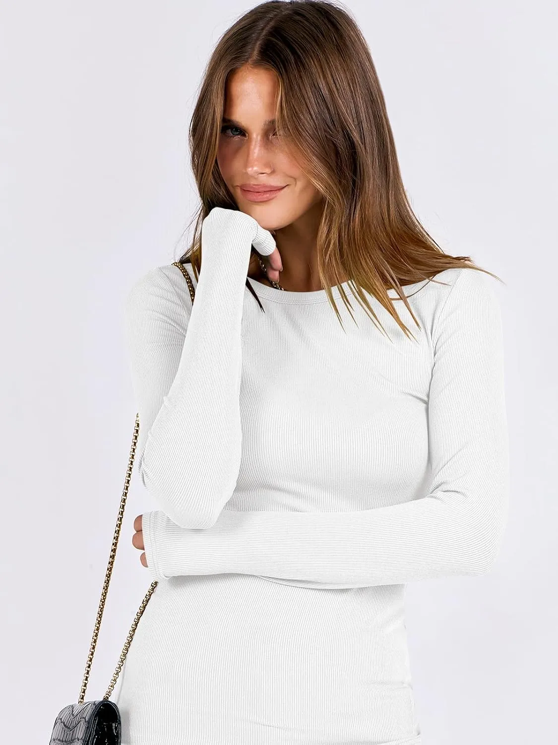ANRABESS Women Long Sleeve Crewneck Rib Knit Slim Fit Shirts Basic Tee Tops 2025 Casual T-Shirt Going Out Workout Outfits