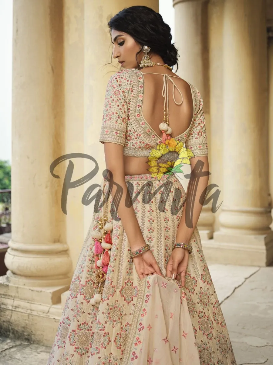 Beige Hand Embroidered  Lehenga Choli Set