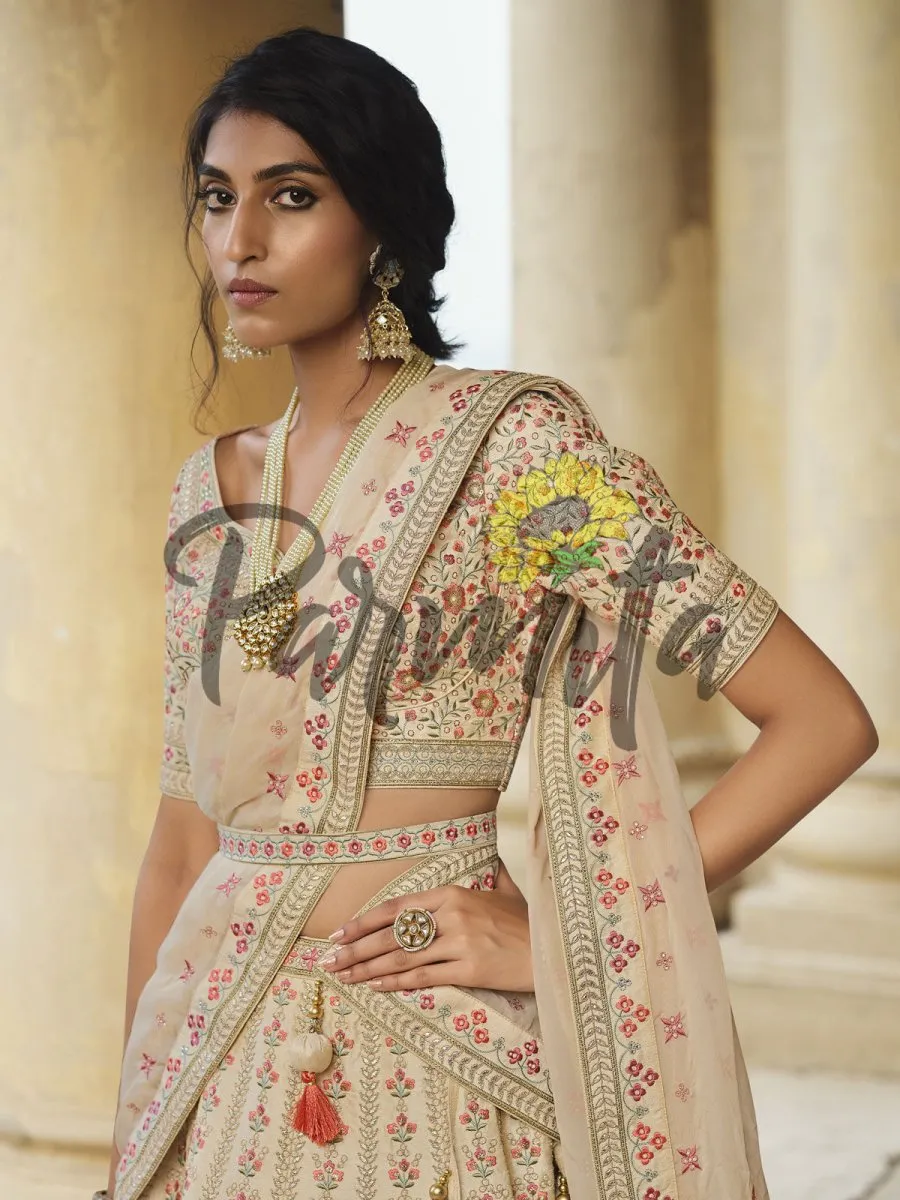 Beige Hand Embroidered  Lehenga Choli Set
