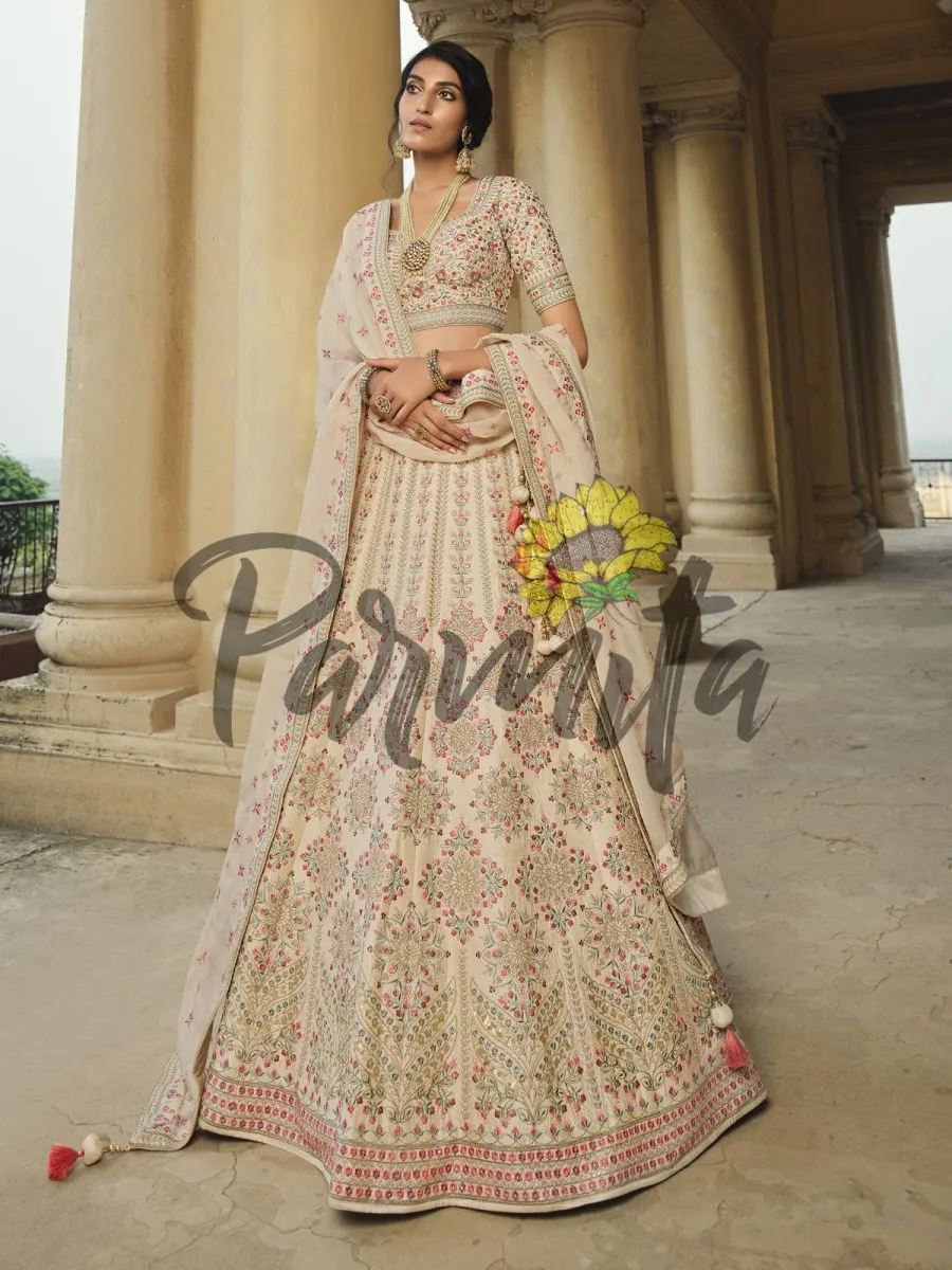 Beige Hand Embroidered  Lehenga Choli Set
