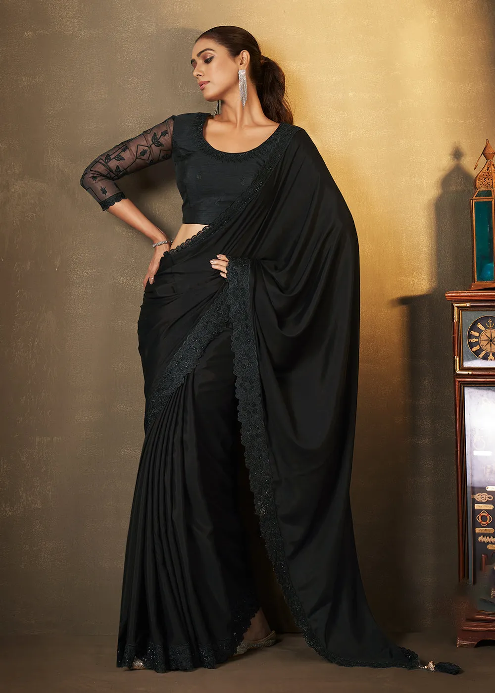 Black Satin Silk Swarovski Embroidered Designer Saree
