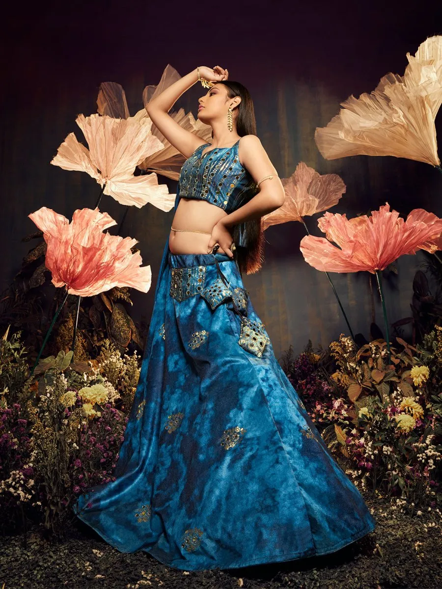 Blue Velvet Embroidered Lehenga Choli