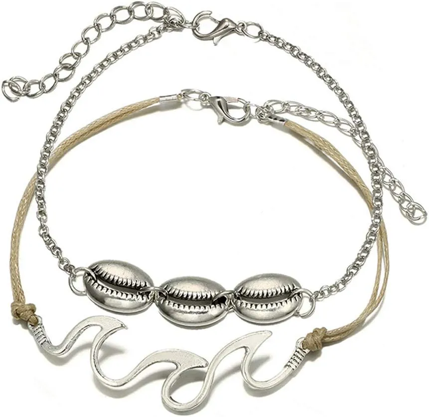 Bohemia Shell Wave Anklet Set Conch Leather Foot Chain 2 Pcs Boho Beach Ankle Bracelet for Women