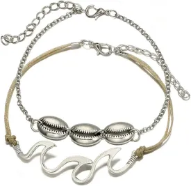Bohemia Shell Wave Anklet Set Conch Leather Foot Chain 2 Pcs Boho Beach Ankle Bracelet for Women