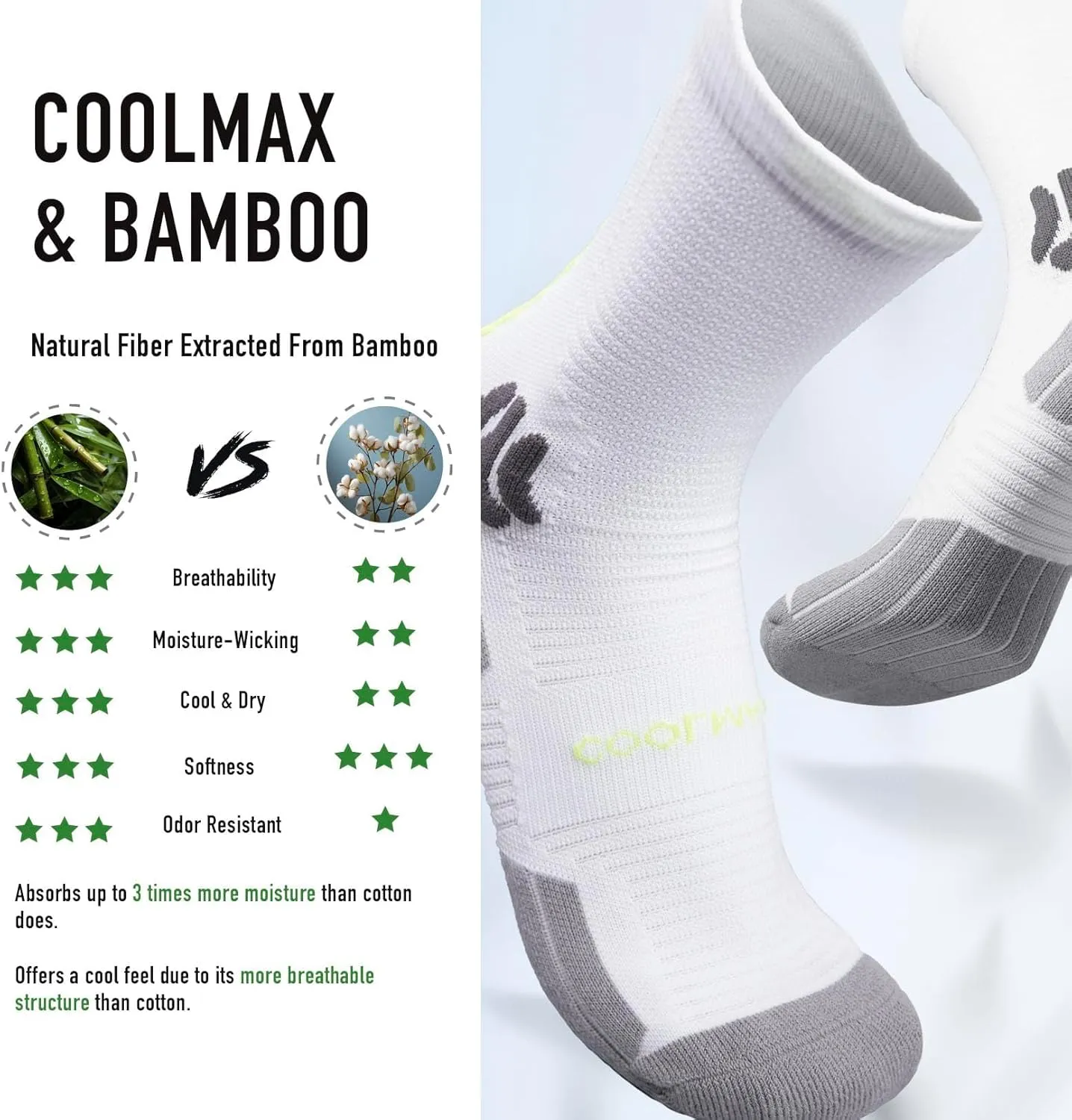 BRISIRA Coolmax Bamboo Viscose Compression Anti Blister Hiking Socks Crew Mid Calf Moisture Wicking Anti Odor Tennis Cushion