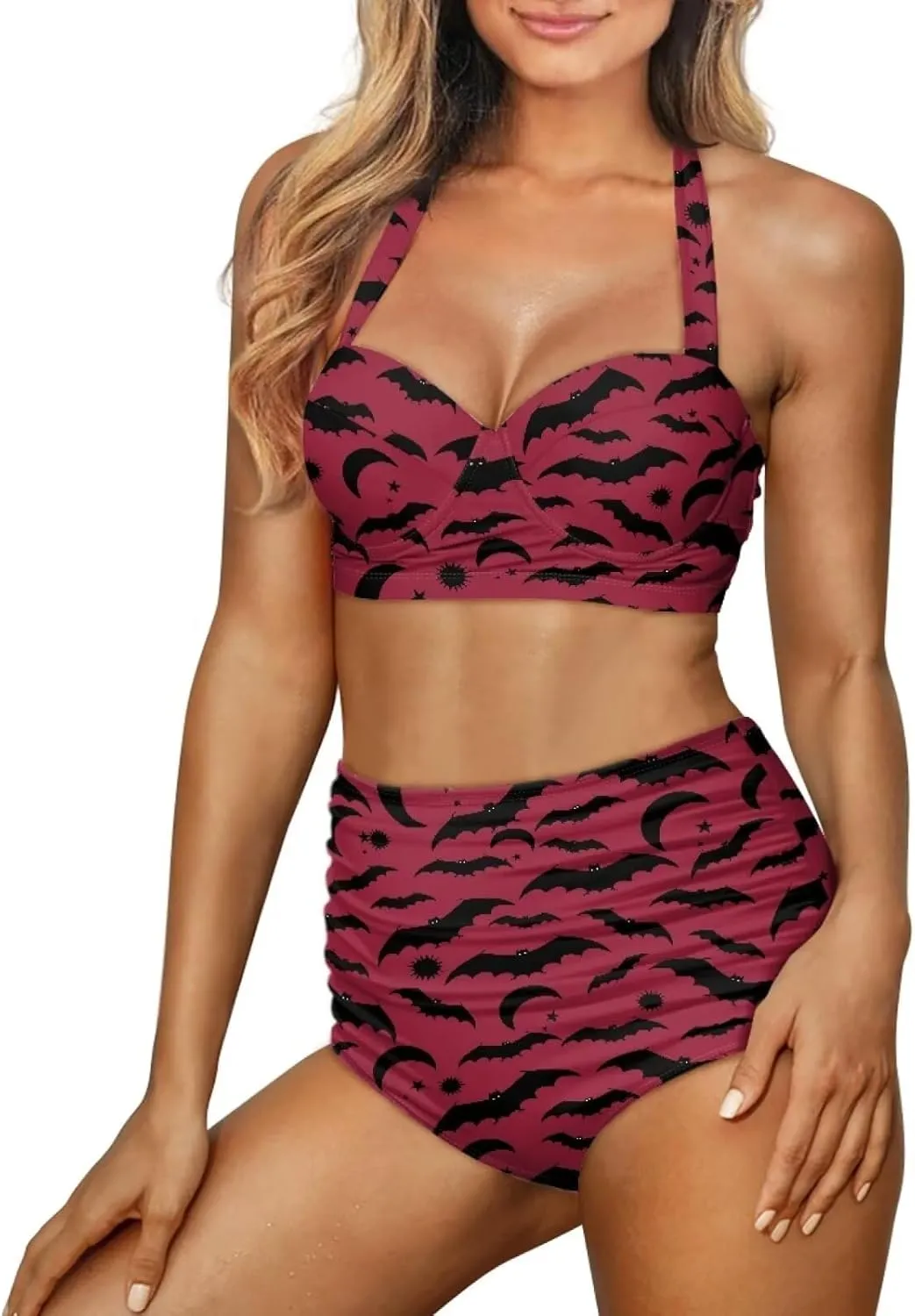 Butterfly Women's Retro Ruched Ruffle High Waist Bikini Set, Flag Tankini Swimsuits Tummy Control Swimwear
