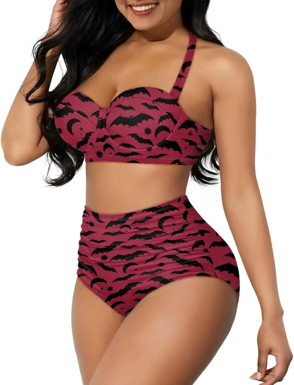 Butterfly Women's Retro Ruched Ruffle High Waist Bikini Set, Flag Tankini Swimsuits Tummy Control Swimwear
