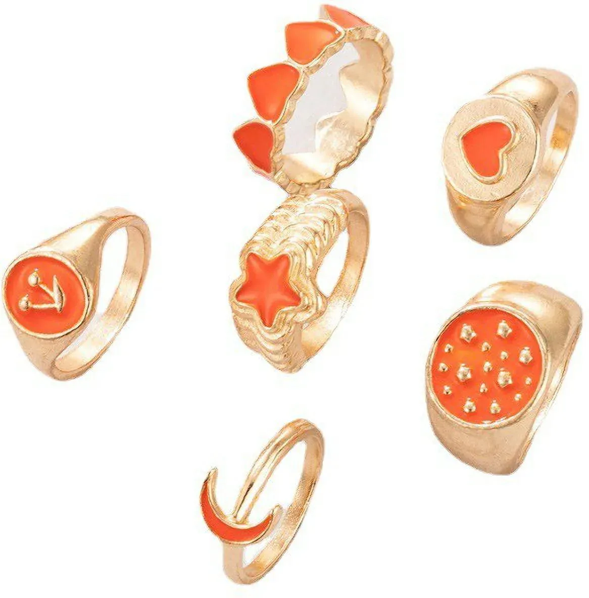 Combo of 5 Pcs Gold Plated Stylish Orange Ring Set - Set Of 6
