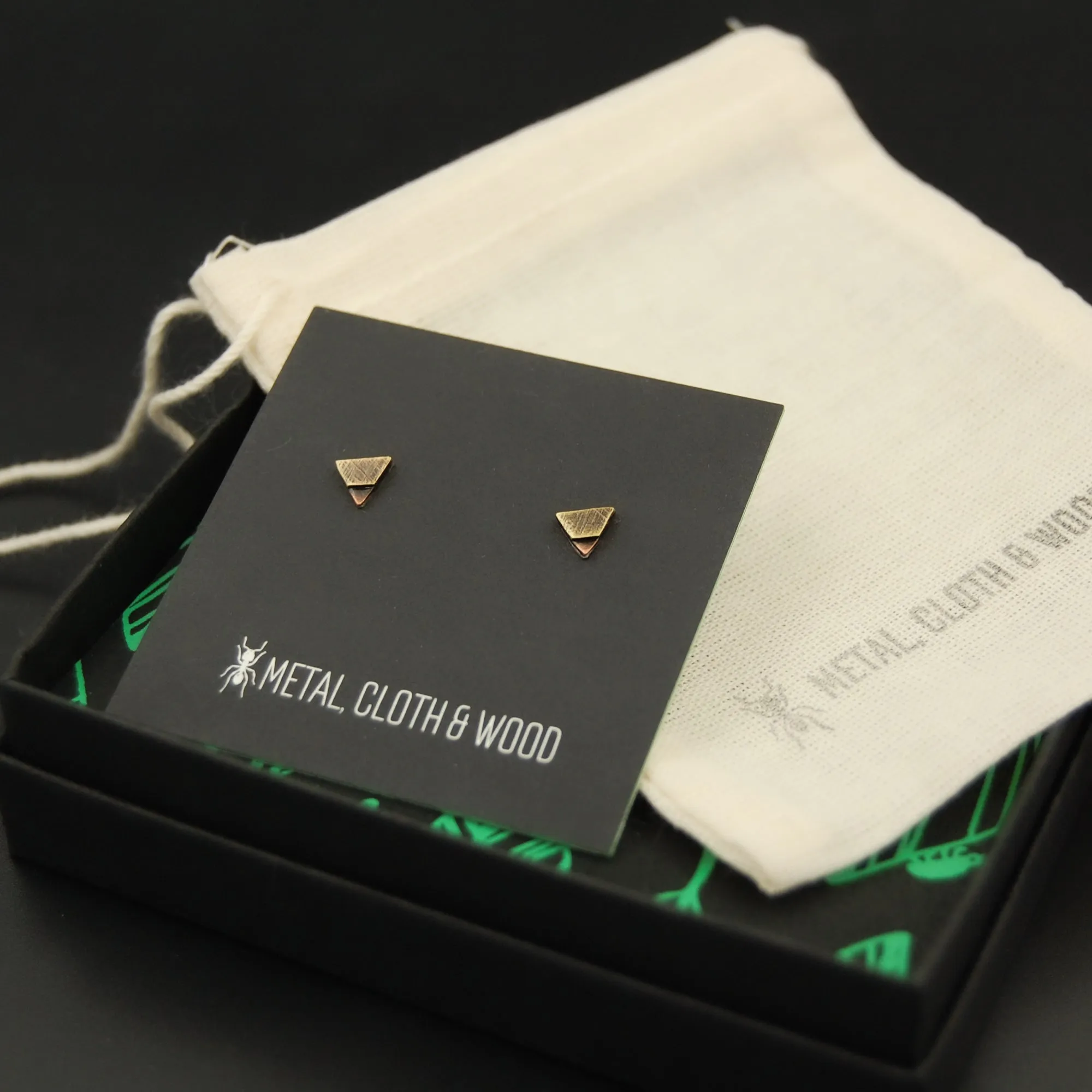 Copper Brass and Sterling Silver Tiny Triangle Minimalist Mixed Metal Stud Earrings