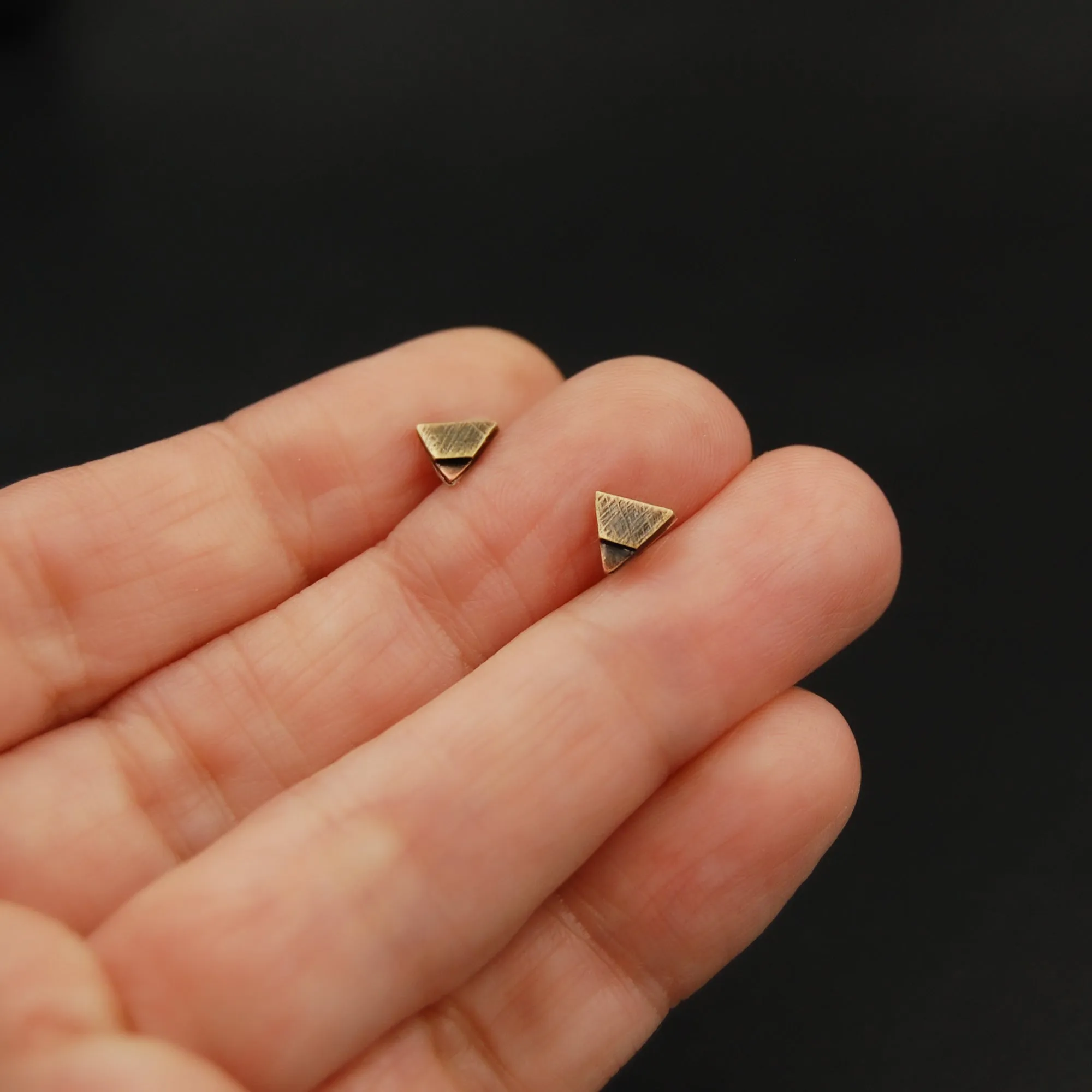 Copper Brass and Sterling Silver Tiny Triangle Minimalist Mixed Metal Stud Earrings