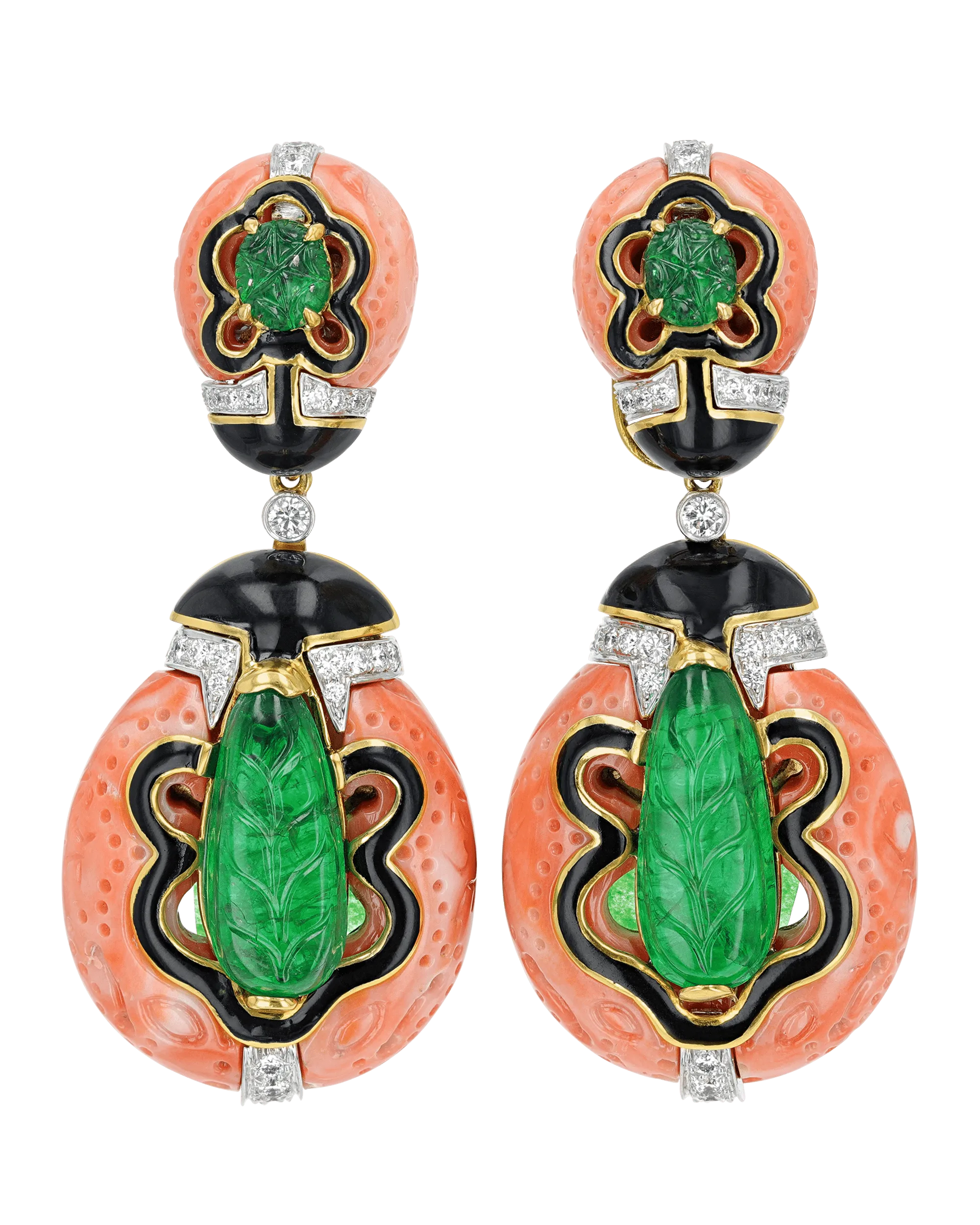 David Webb Coral, Emerald and Diamond Earrings